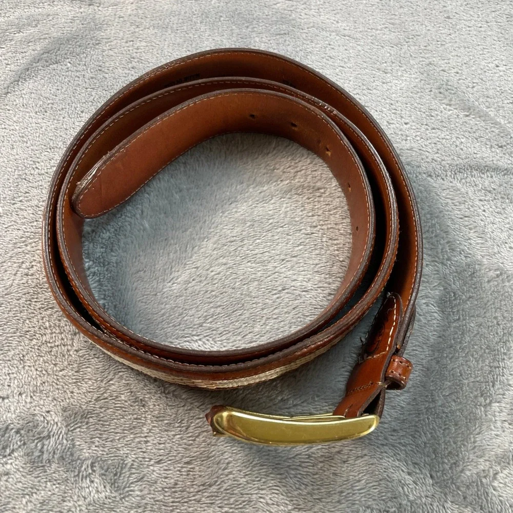 Vtg Aniline Kipskin Leather Woven Inlay Belt Solid Brass Buckle USA Mens 42